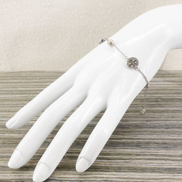 Tory Burch Crystal Logo & Imitation Pearl Station Bracelet Silver OS - Picture 10 of 15